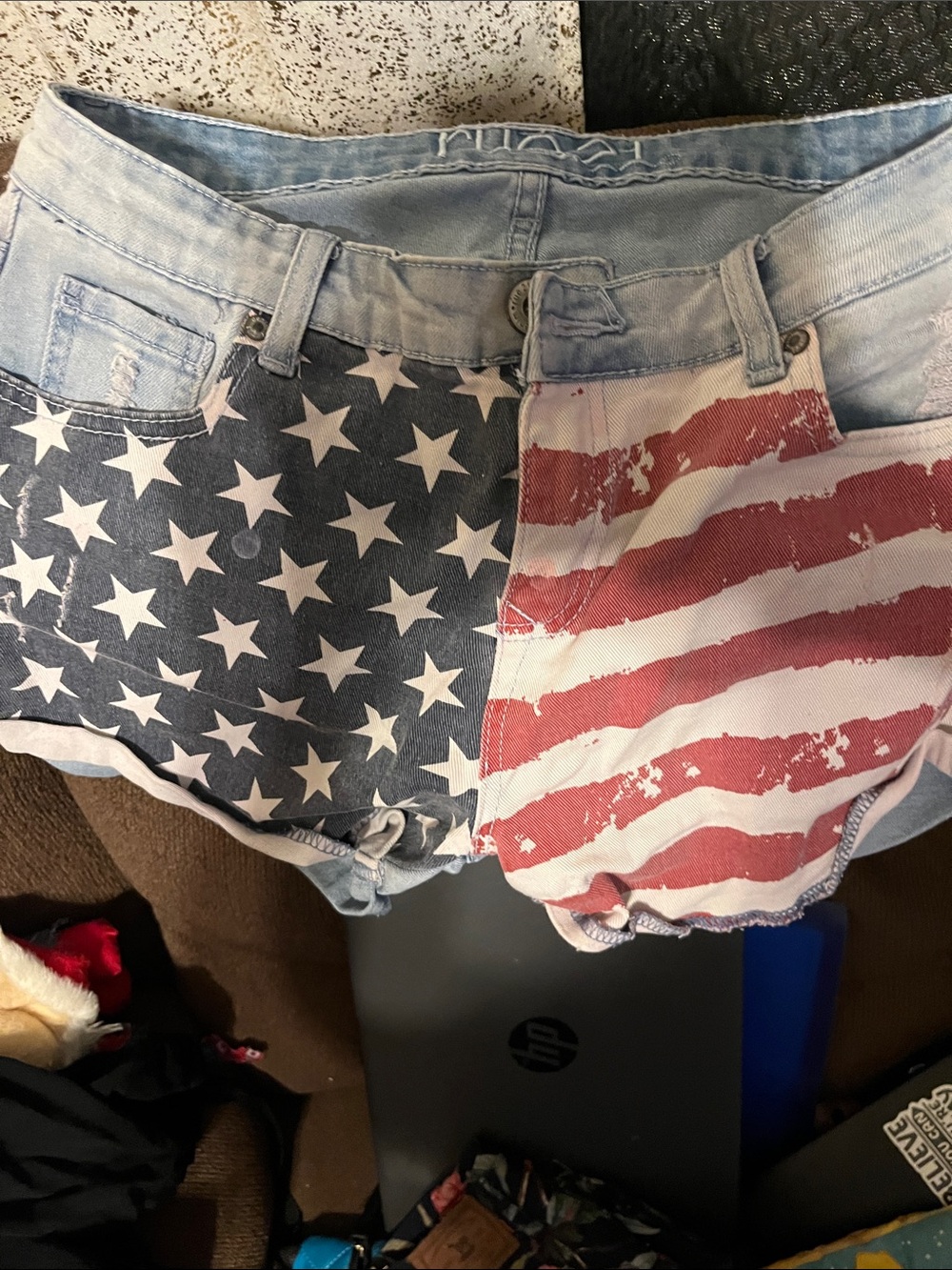 Rue21 Light Blue Denim American Flag Patchwork Shorts